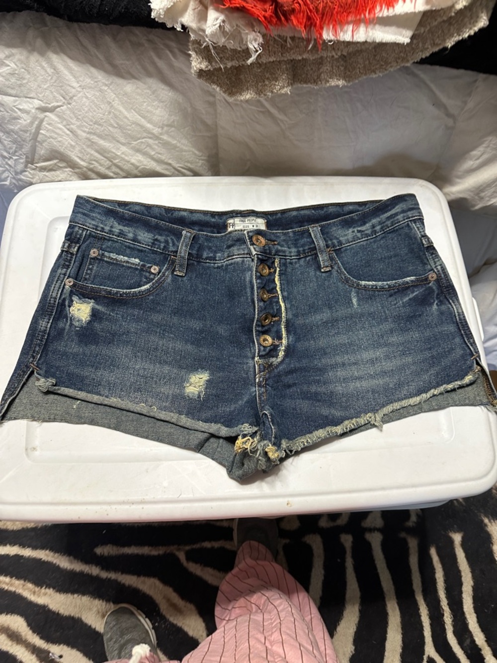 Free People Dark Blue Distressed Button-Fly Denim Shorts